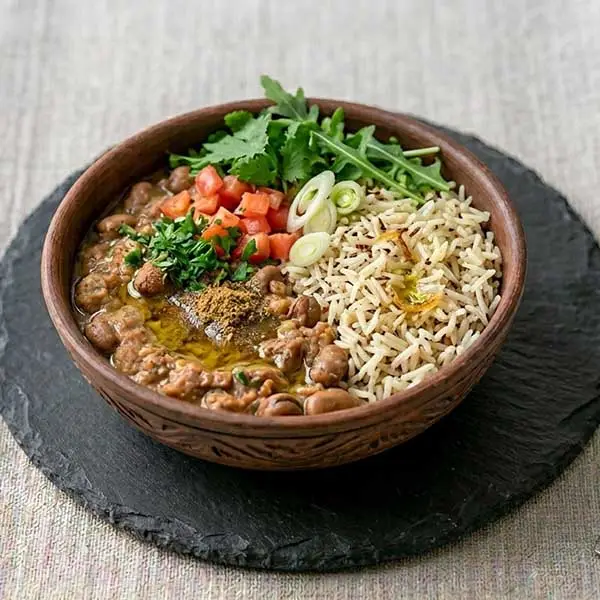 Foul Mudammas Bowl with Cumin Rice & Fresh Greens